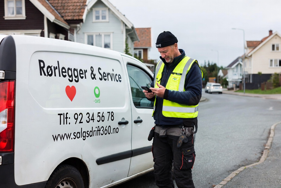 Håndverker sjekker telefonen ved firmabilen